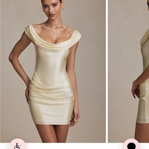 Oh Polly Maeve Off-Shoulder Draped Mini Dress in Ivory